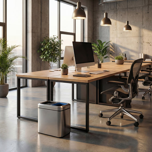 Simplehuman's 20L Mini Open Recycler in a modern office space setting with wooden tables, greenery, and sleek chairs.