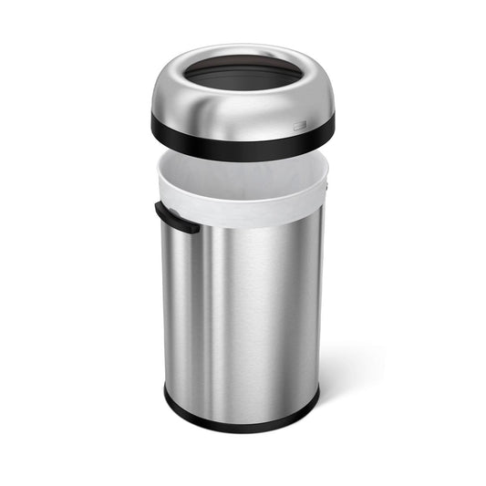 Angled view of Simplehuman 115L Bullet Open Can, Brushed Stainless Steel, showing removable rim and bag tuck.