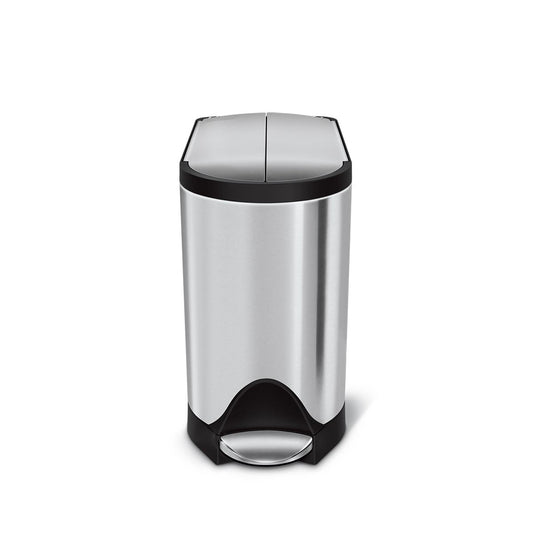 Angled view of Simplehuman 10L Butterfly Step Can in Brushed Stainless Steel, space-saving split lid, hands-free operation.