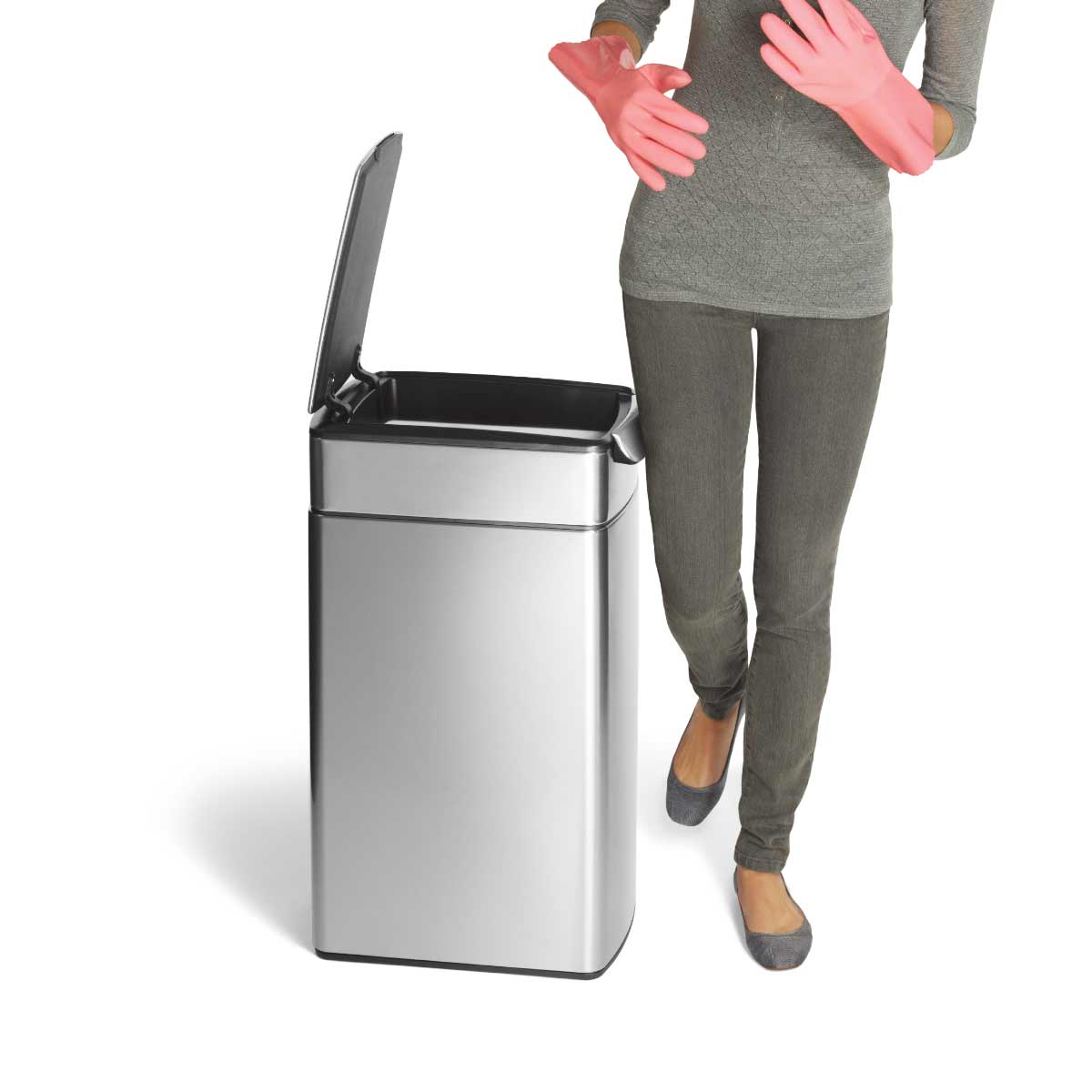 Lifestyle view of Simplehuman 40L Slim Touch-Bar Can, Brushed Stainless Steel, wide opening for easy use.