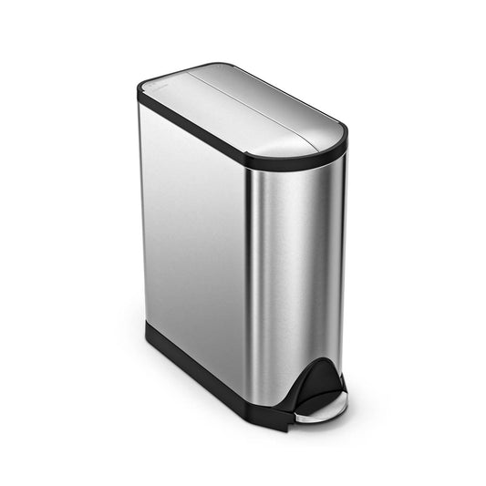 Angled view of Simplehuman 40L Dual Compartment Butterfly Step Can, Brushed Stainless Steel, slim profile for hands-free sorting.