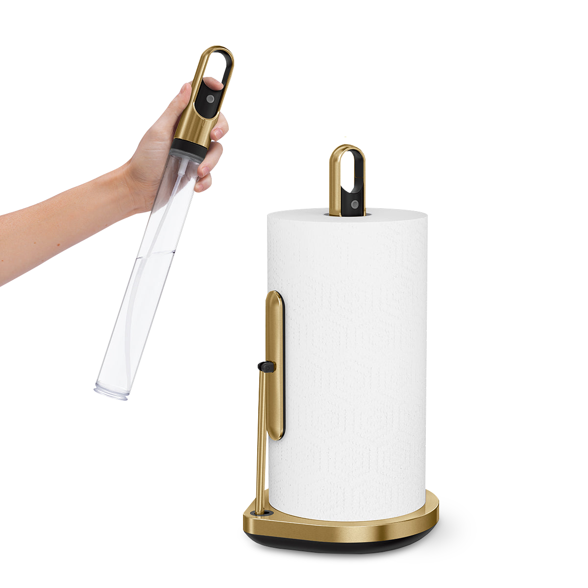 Simplehuman Brass Paper Towel Holder, action view showing removable spray handle for 2-in-1 cleaning.