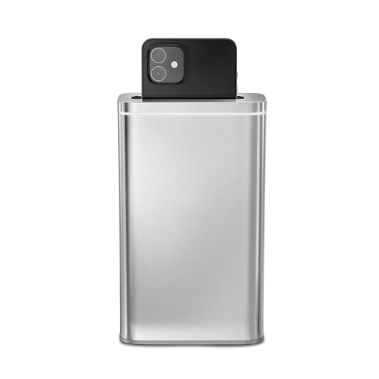 Simplehuman Cleanstation in Brushed Stainless Steel, UV-C sanitizer with phone inserted.