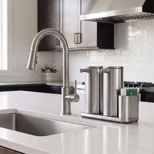 Simplehuman's Dual 14 oz. Liquid Sensor Pump with Caddy in a modern kitchen setting.