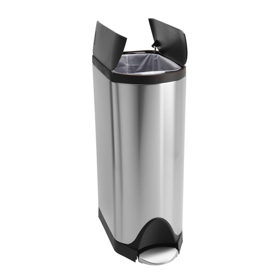 Elevated view of Simplehuman 30L Butterfly Step Can, Brushed Stainless Steel, open lid shows slim profile and hands-free pedal.