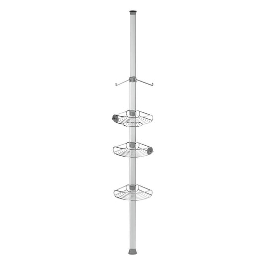 Front view of Simplehuman 9 ft Tension Shower Caddy, White and Polished Stainless Steel, features adjustable wire shelves and hooks.