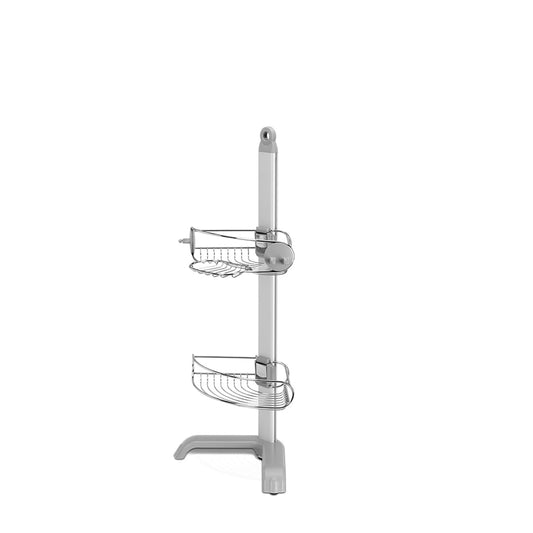 Front view of Simplehuman Polished Stainless Steel Corner Shower Caddy with adjustable shelves and integrated soap dish.