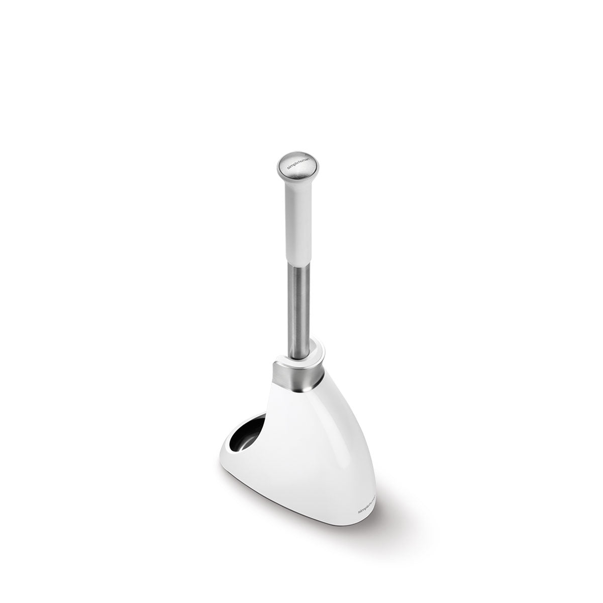 Angled view of Simplehuman Toilet Brush in White and Stainless Steel, showing raised handle.