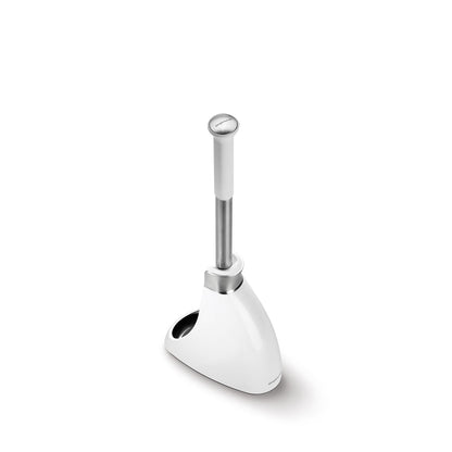 Angled view of Simplehuman Toilet Brush in White and Stainless Steel, showing raised handle.