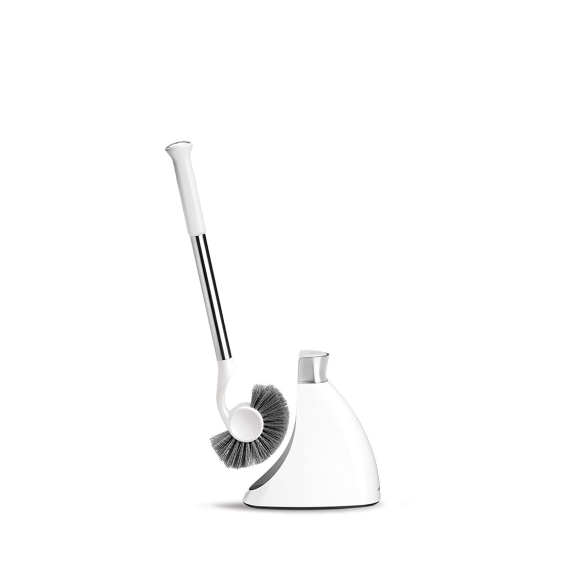 Simplehuman Toilet Brush lifted from White canister, showing curved neck and polished steel handle.