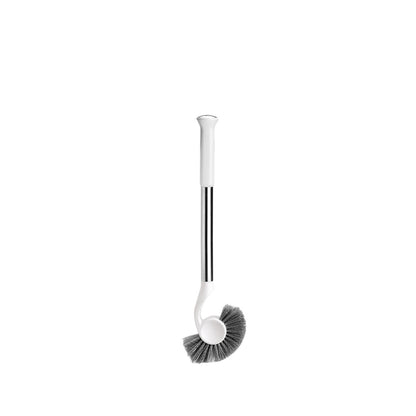 Simplehuman Toilet Brush (White/Stainless Steel) with curved handle and fan-shaped head for deep rim cleaning.