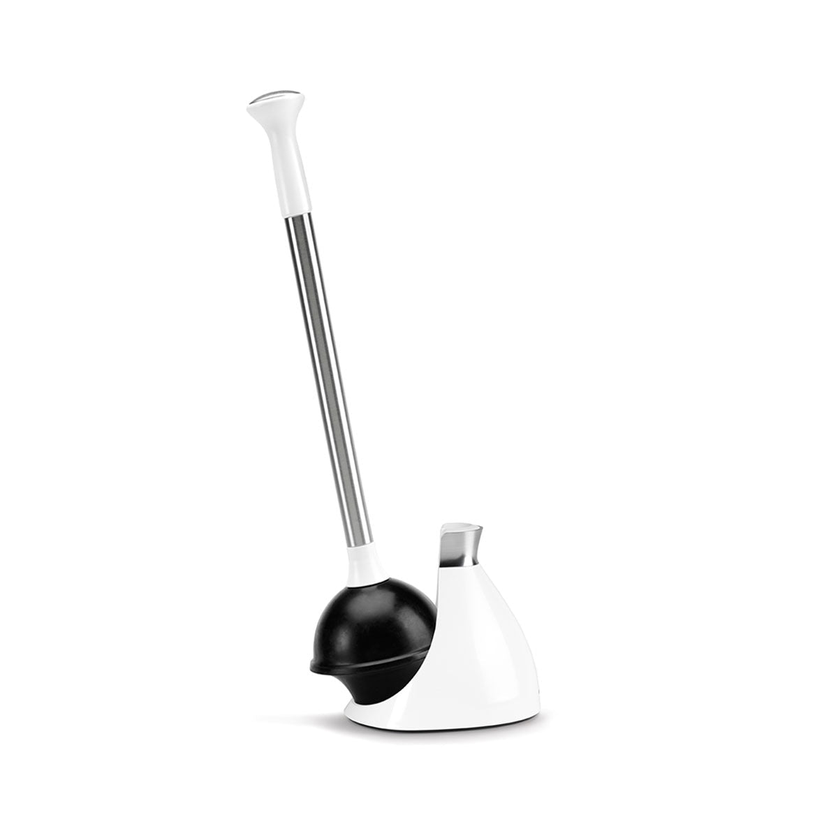 Exposed view of Simplehuman White Toilet Plunger with Stainless Steel handle and self-closing caddy.