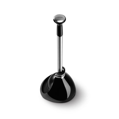 Simplehuman Black Toilet Plunger, Stainless Steel handle extended from self-closing caddy for hygienic storage.