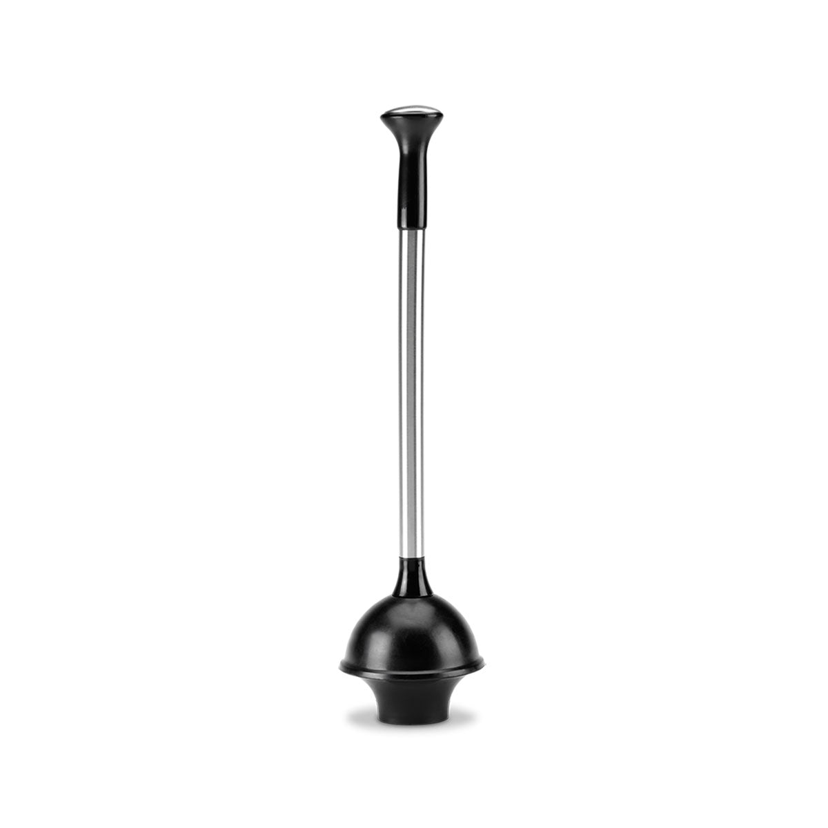 Straight-on view of Simplehuman Black Toilet Plunger, Stainless Steel handle and ergonomic high-performance cup.