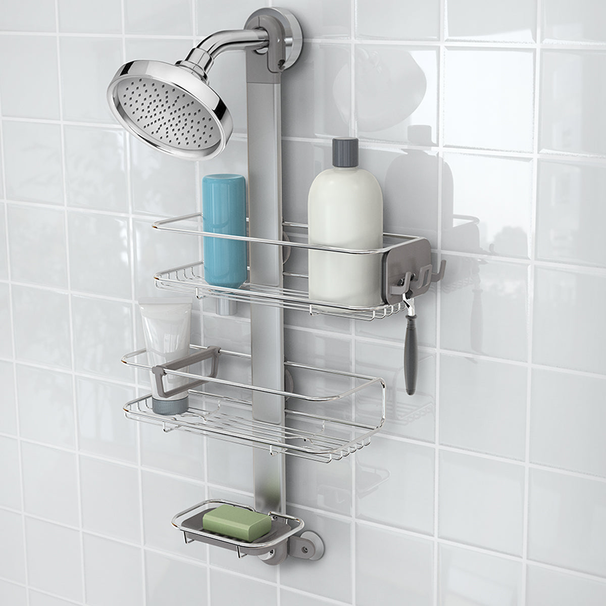 Angled view of Simplehuman Polished Stainless Steel Adjustable Shower Caddy organizing essentials with adjustable shelves and razor storage.