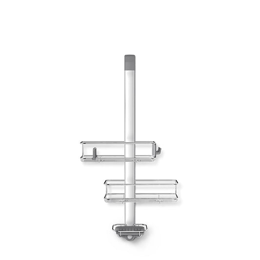 Front view of Simplehuman Polished Stainless Steel Over Door Adjustable Shower Caddy, rust-proof, adjustable storage.
