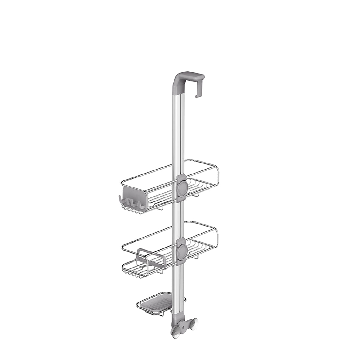 Angled view of Simplehuman Polished Stainless Steel Shower Caddy featuring adjustable shelves and razor holders.