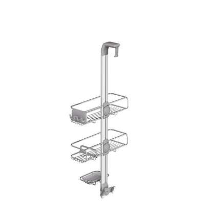 Angled view of Simplehuman Polished Stainless Steel Shower Caddy featuring adjustable shelves and razor holders.
