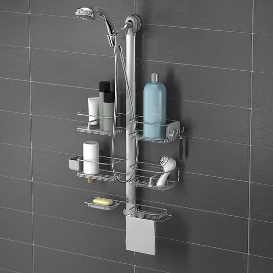 Angled view Simplehuman XL Adjustable Shower Caddy, Polished Stainless Steel, showing razor holders, soap dish, and towel bar.