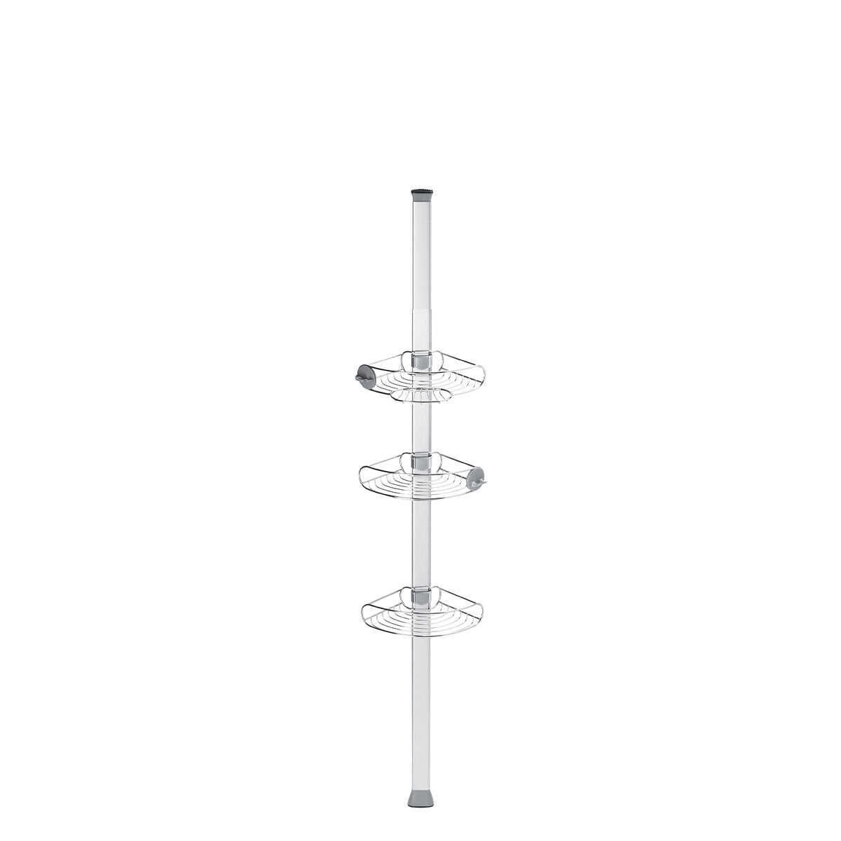 Full view of Simplehuman 8 Ft Tension Shower Caddy, polished stainless steel adjustable shelves, maximum storage.