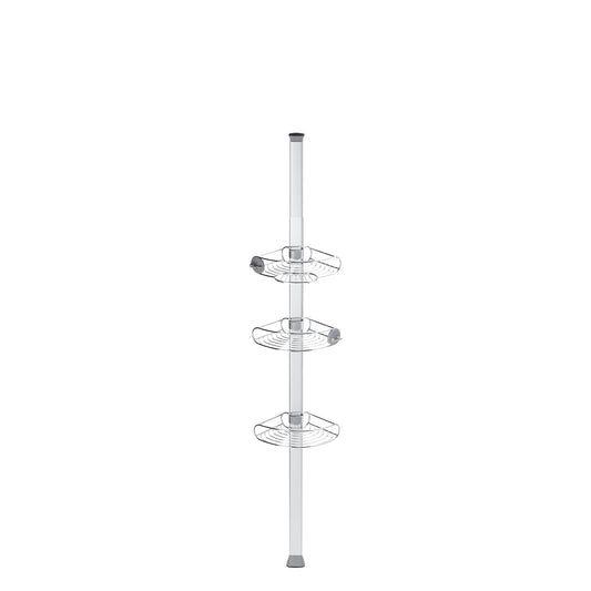 Full view of Simplehuman 8 Ft Tension Shower Caddy, polished stainless steel adjustable shelves, maximum storage.
