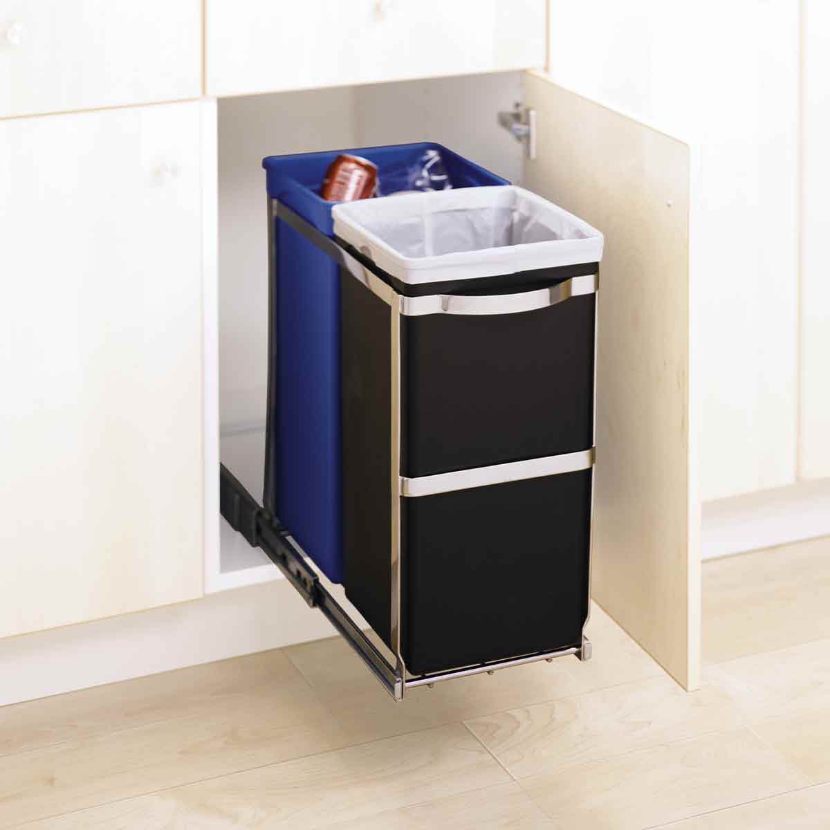 Simplehuman 35L Dual Compartment Pull-Out Can, Polished Steel frame, fully extended on smooth-glide rails for easy access.