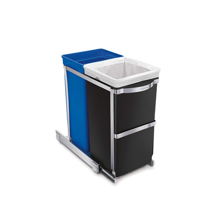Simplehuman Angled view 35L Dual Pull-Out Can, Polished Steel frame, blue and black bins for trash/recycling.