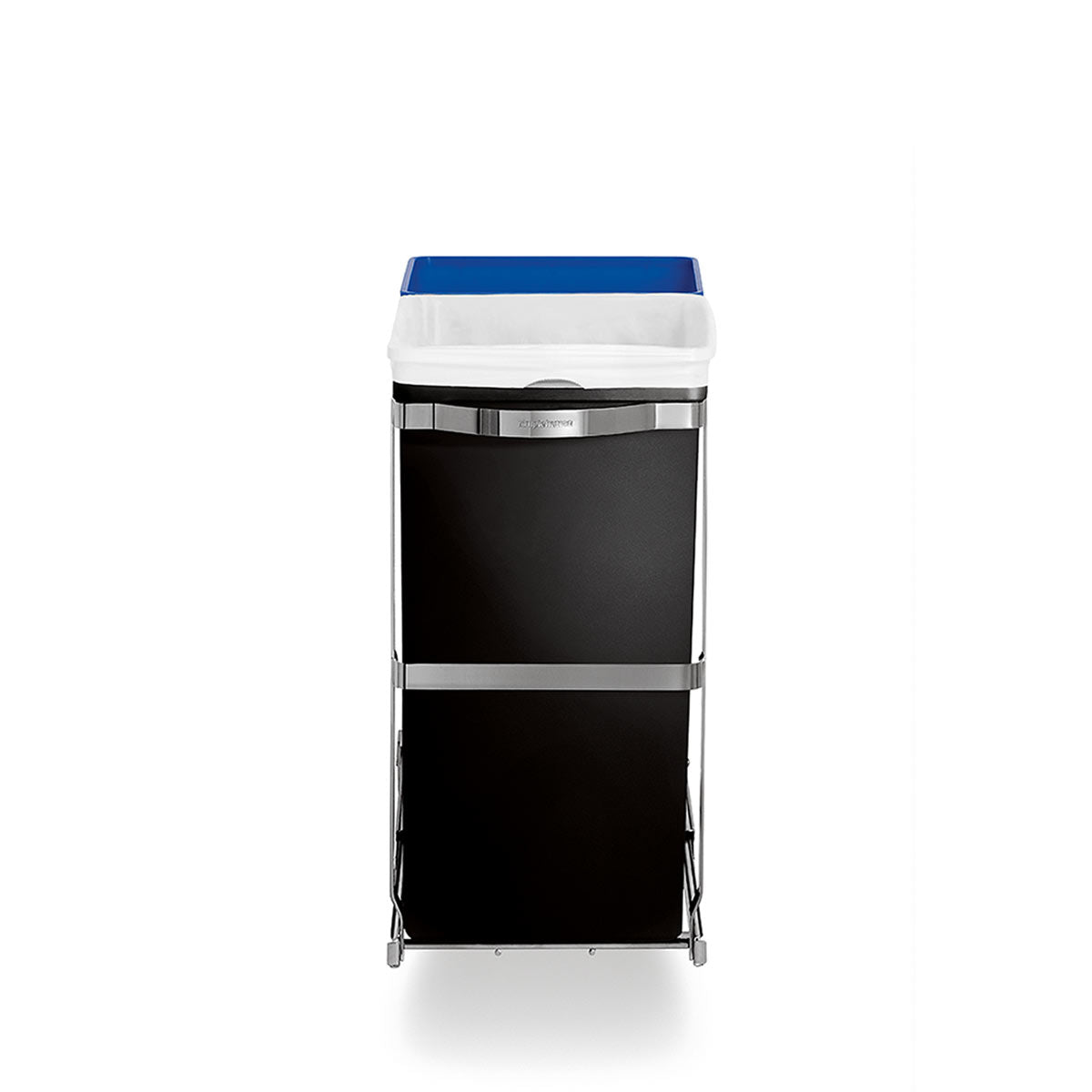 Simplehuman Straight view 35L Dual Compartment Under Counter Pull-Out Can, Polished Steel frame, showing dual black bins.