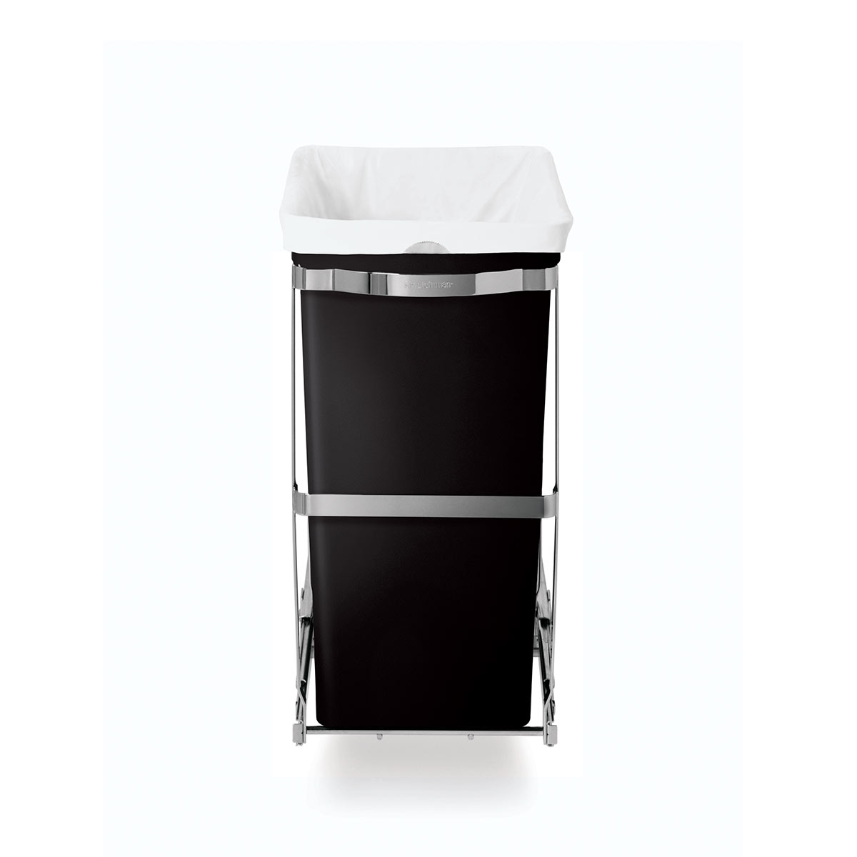 Front view of Simplehuman 30L Pull-Out Can, Polished Stainless Steel frame, fully extended, hidden under-counter storage.