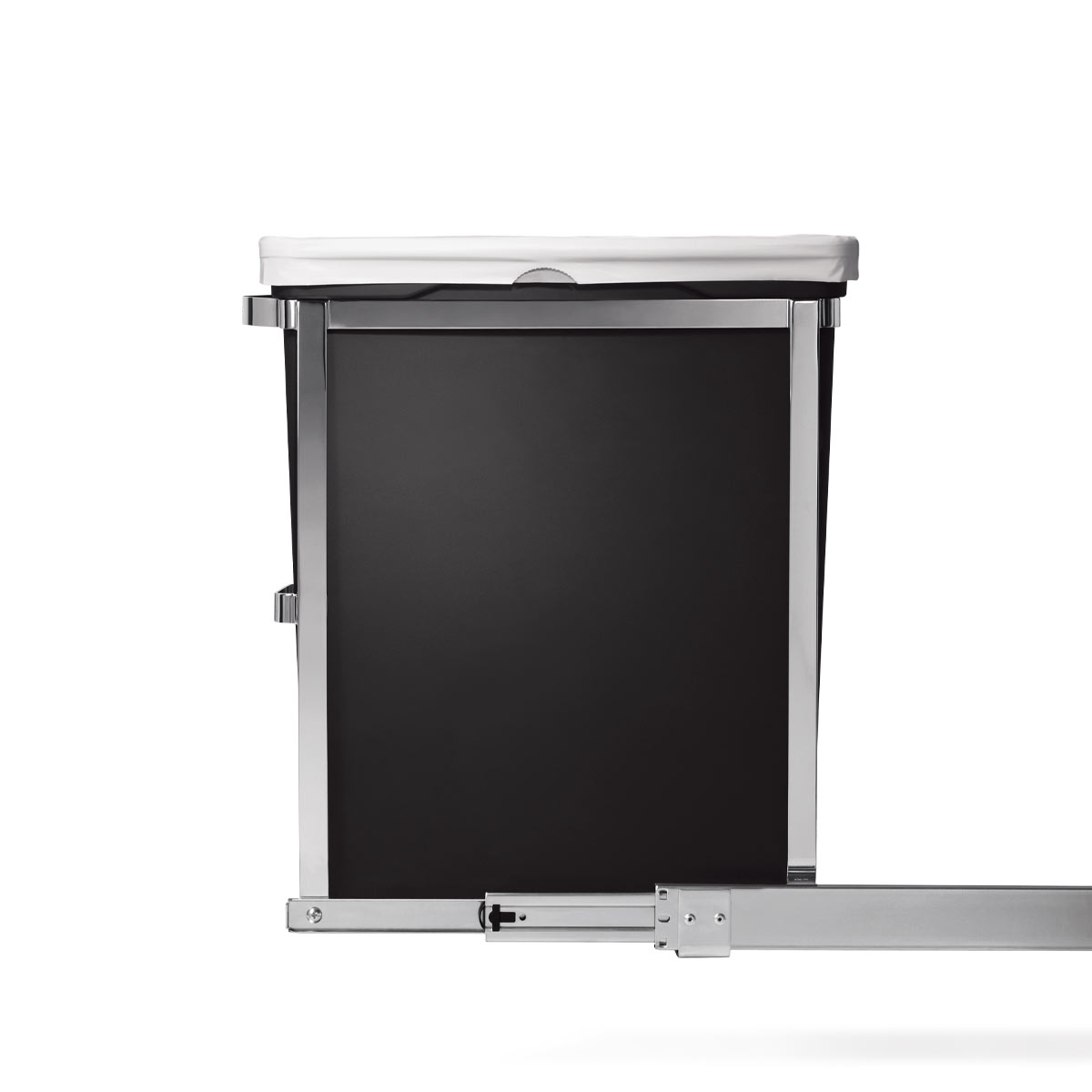 Side view of Simplehuman 30L Pull-Out Can in Polished Stainless Steel, showing extended heavy-duty slide rail system.
