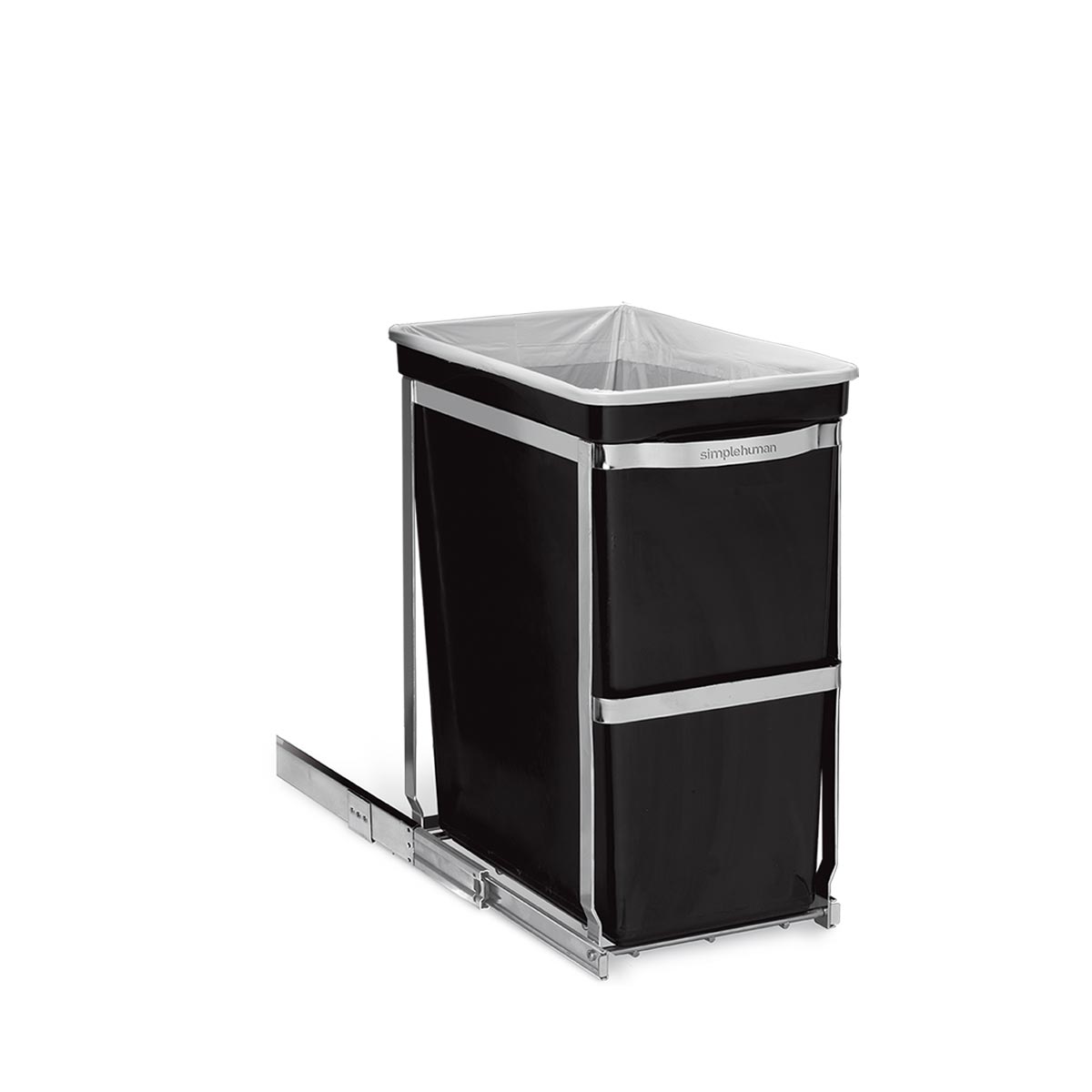 Extended view of Simplehuman 30L Pull-Out Can, Polished Stainless Steel frame showing durable black plastic liner.
