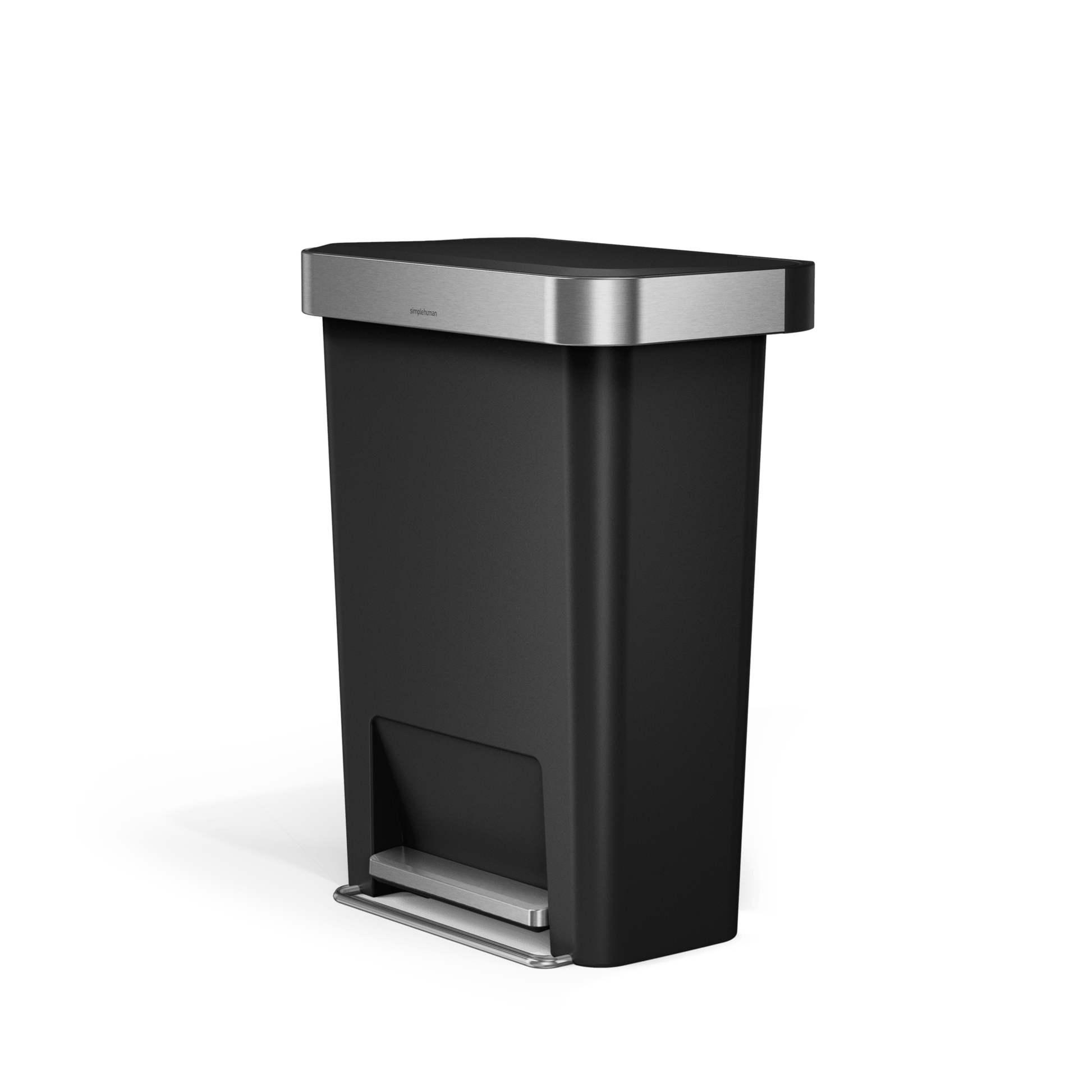 Angled view of Simplehuman 45L Hybrid Step Can, Matte Black/Brushed Stainless Steel, hands-free pedal.