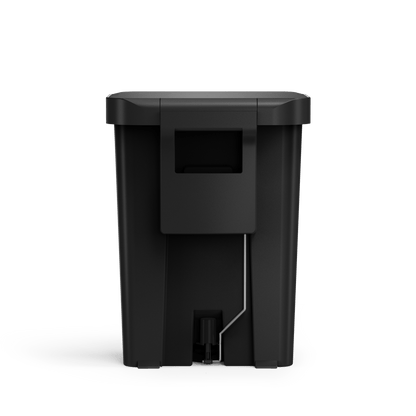 Back view of Simplehuman 45L Hybrid Step Can, Matte Black, integrated handle for easy transport.