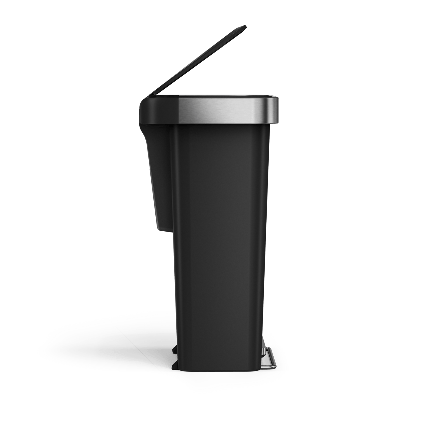 Side view of Simplehuman 45L Hybrid Step Can, Matte Black/Brushed Stainless Steel, showing slim, space-saving design.