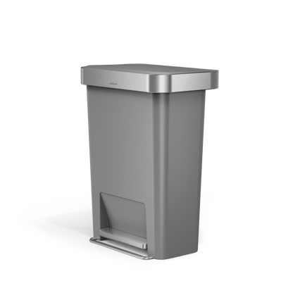 Front angled view of Simplehuman 45L Hybrid Step Can, Matte Gray/Brushed Steel, hands-free foot pedal.