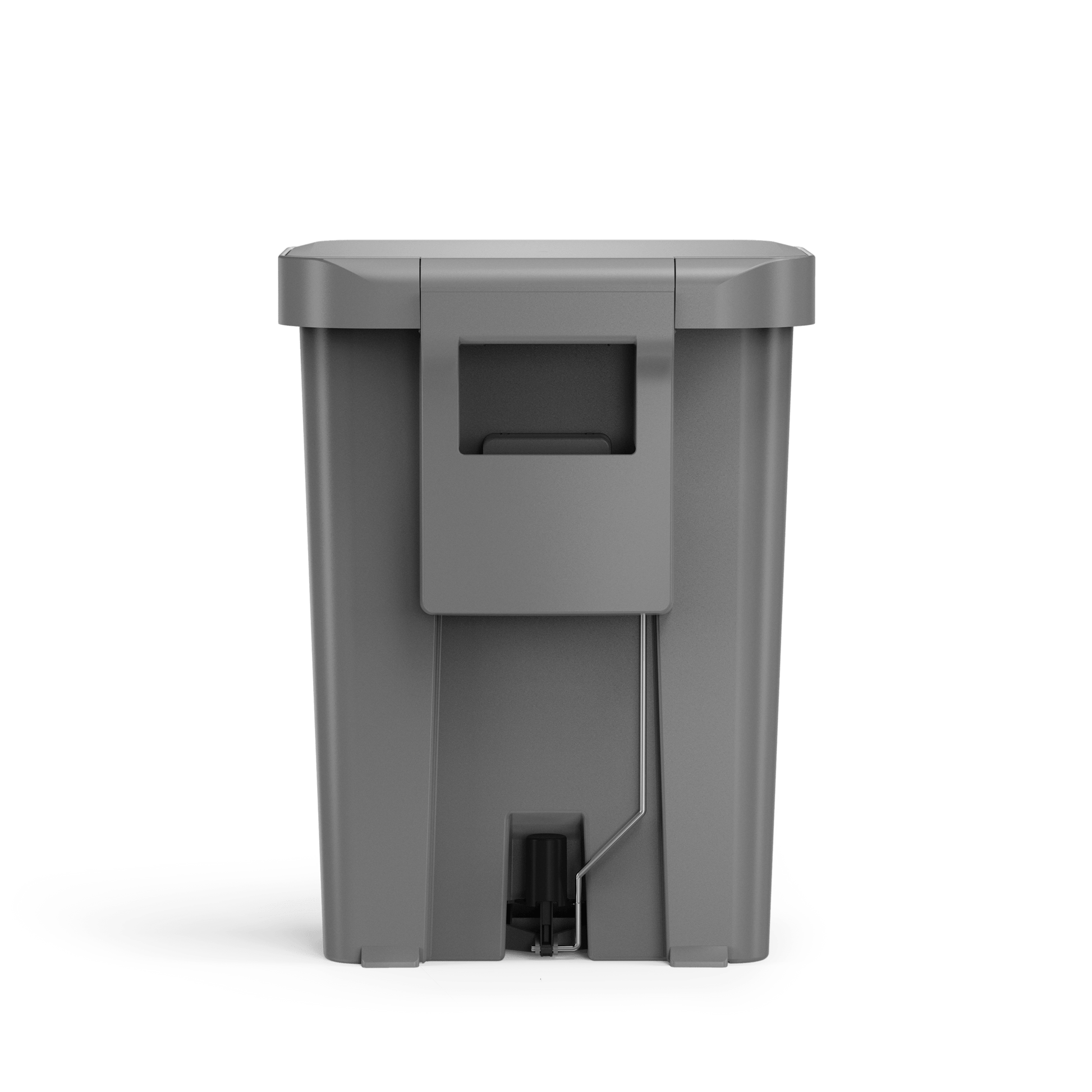 Back view of Simplehuman 45L Hybrid Step Can, Matte Gray, showing integrated handle for transport.