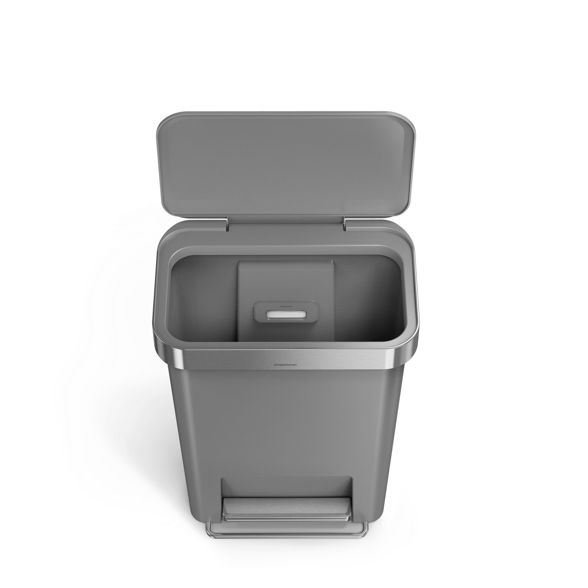 Open view of Simplehuman 45L Hybrid Rectangular Step Can, Matte Gray/Brushed Steel, showing internal liner pocket.