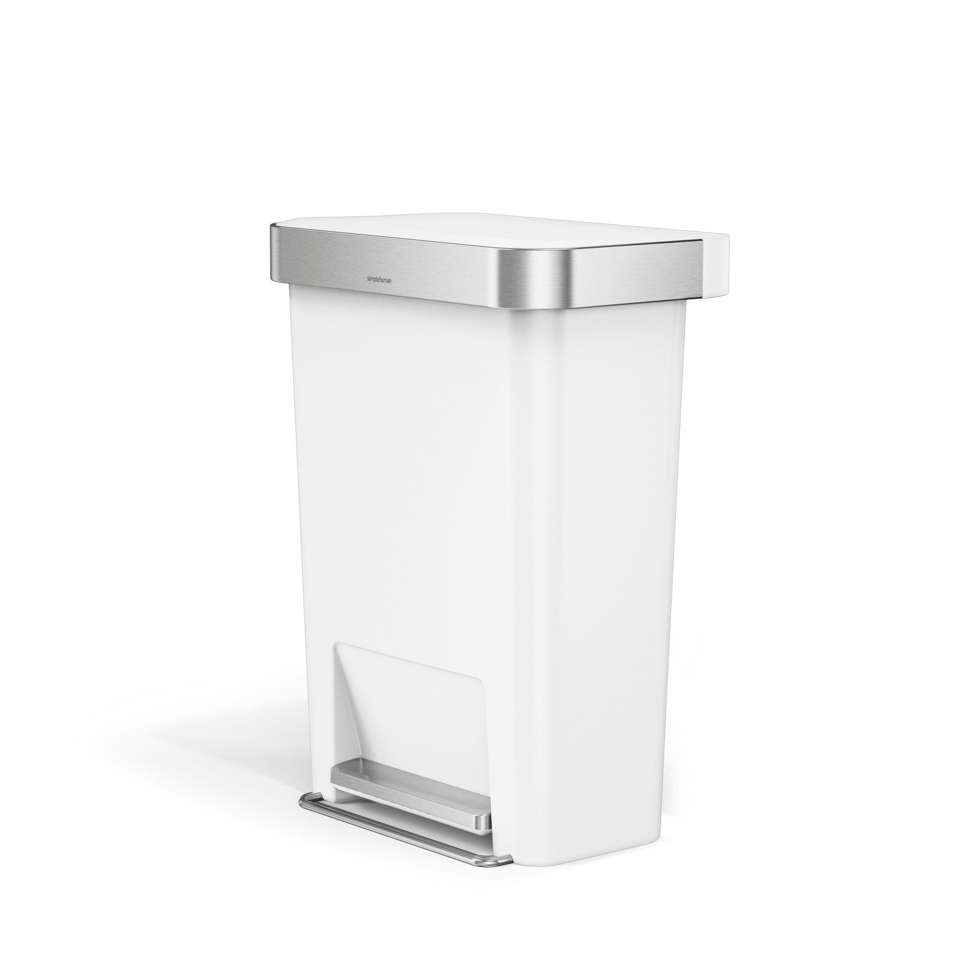 Front angled view of Simplehuman 45L Hybrid Step Can, White/Brushed Steel, hands-free operation.