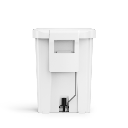 Simplehuman 45L Hybrid Step Can, White, back view showing integrated handle for transport.