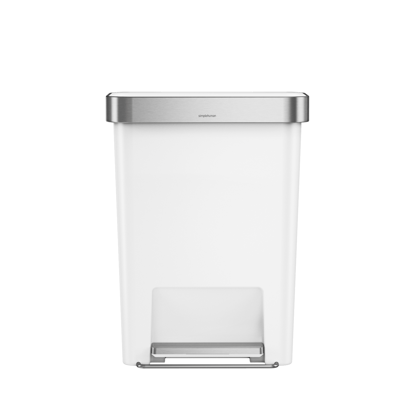Simplehuman 45L Hybrid Rectangular Step Can, White/Brushed Stainless Steel, hands-free foot pedal.