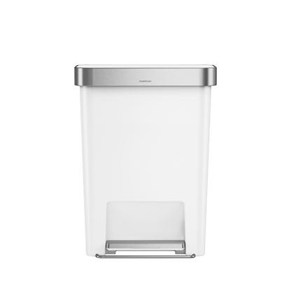 Simplehuman 45L Hybrid Rectangular Step Can, White/Brushed Stainless Steel, hands-free foot pedal.