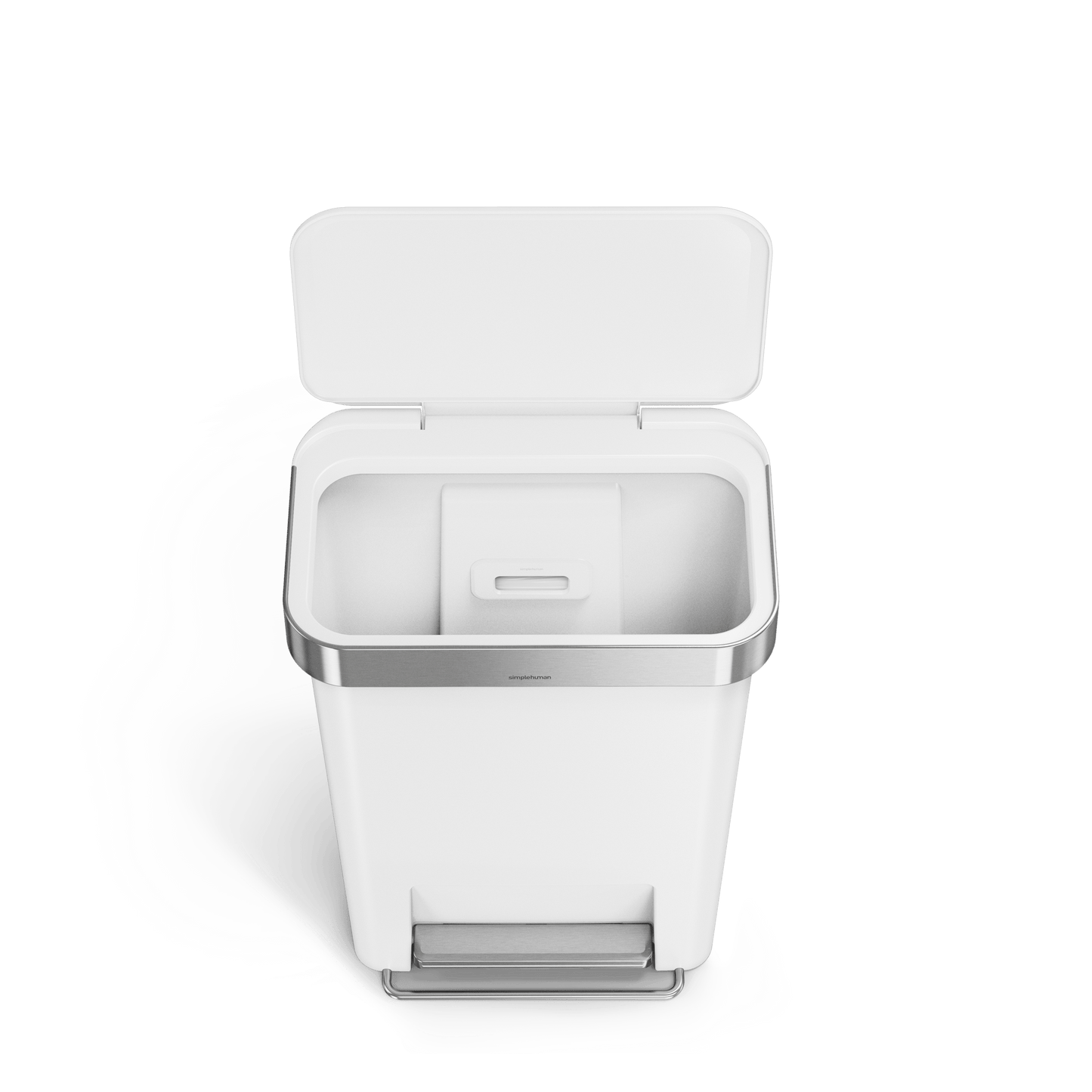 Open view of Simplehuman 45L Hybrid Step Can, White/Brushed Steel, showing internal liner pocket.