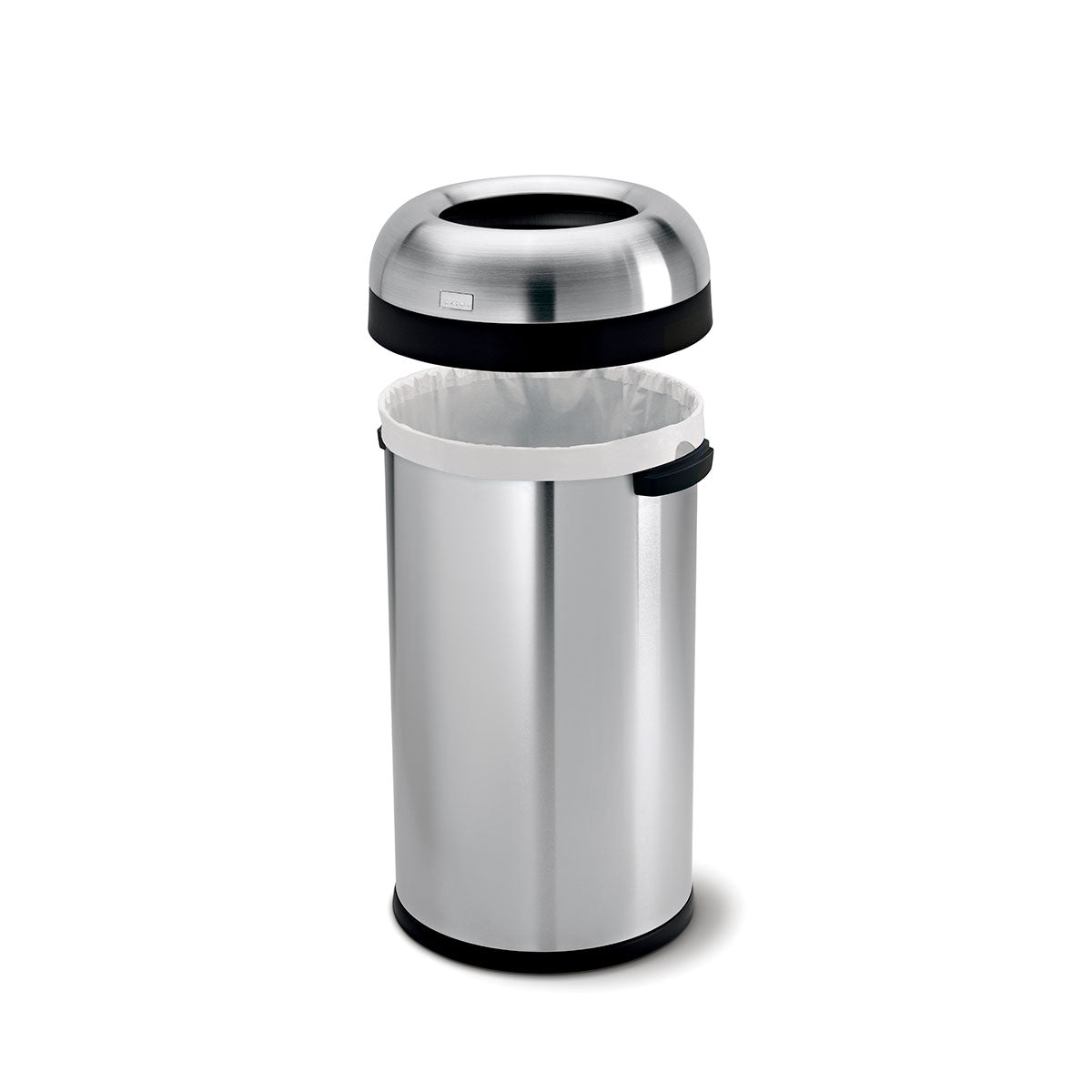 Detail view of Simplehuman 60L Bullet Open Can, Stainless Steel, showing the removable dome lid and liner fit.