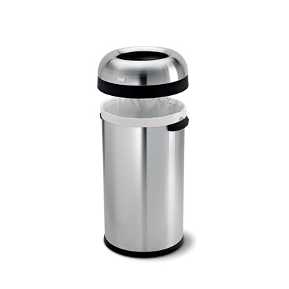 Detail view of Simplehuman 60L Bullet Open Can, Stainless Steel, showing the removable dome lid and liner fit.
