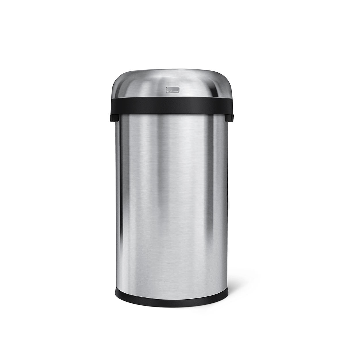 Front view of Simplehuman 60L Bullet Open Can, Brushed Stainless Steel, with open top for quick disposal.