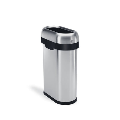 Angled view of Simplehuman 50L Slim Open Can, Brushed Stainless Steel, high-capacity and space-saving.
