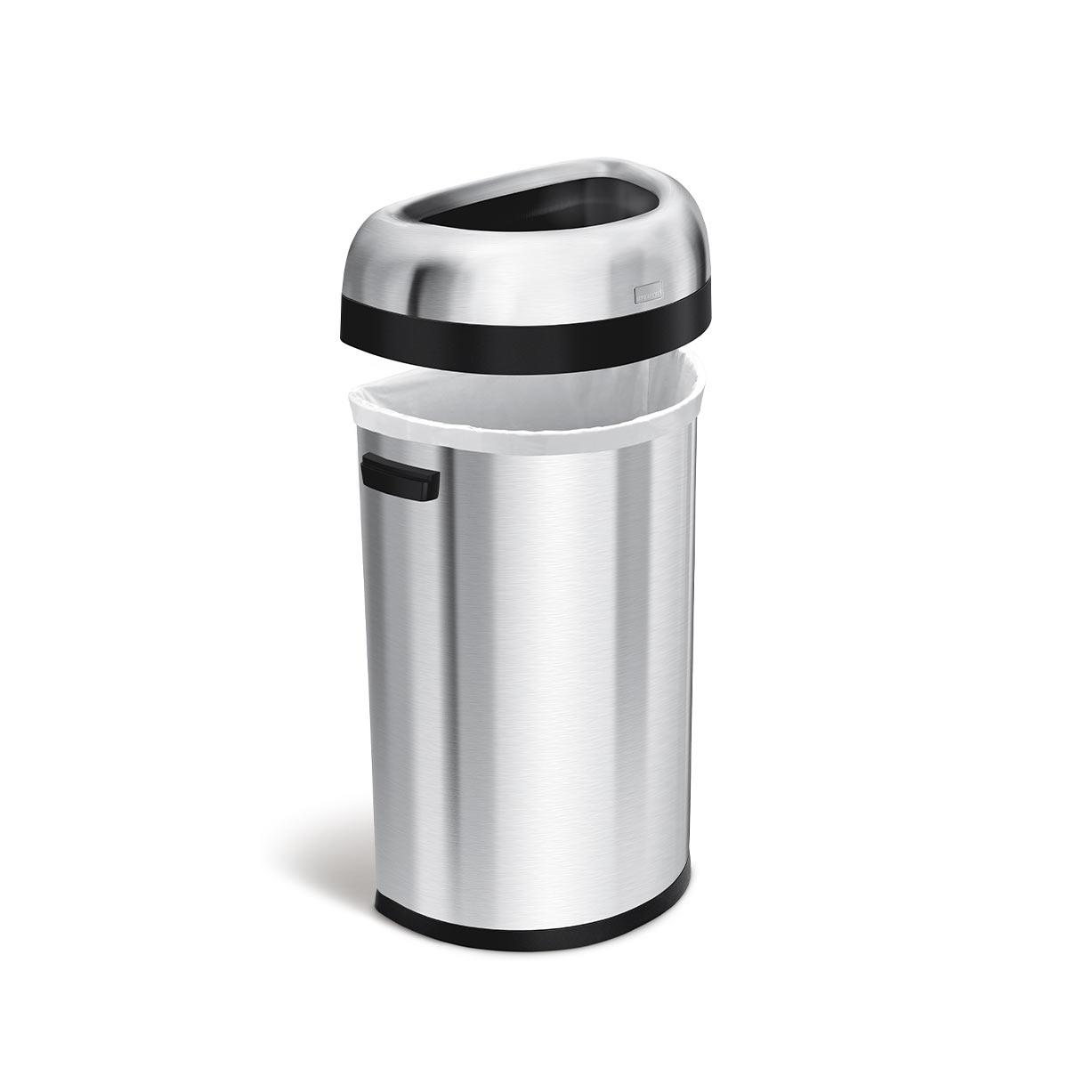 Detail view of Simplehuman 60L Semi-Round Open Can, Brushed Stainless Steel, showing lift-off lid and side carry handle.