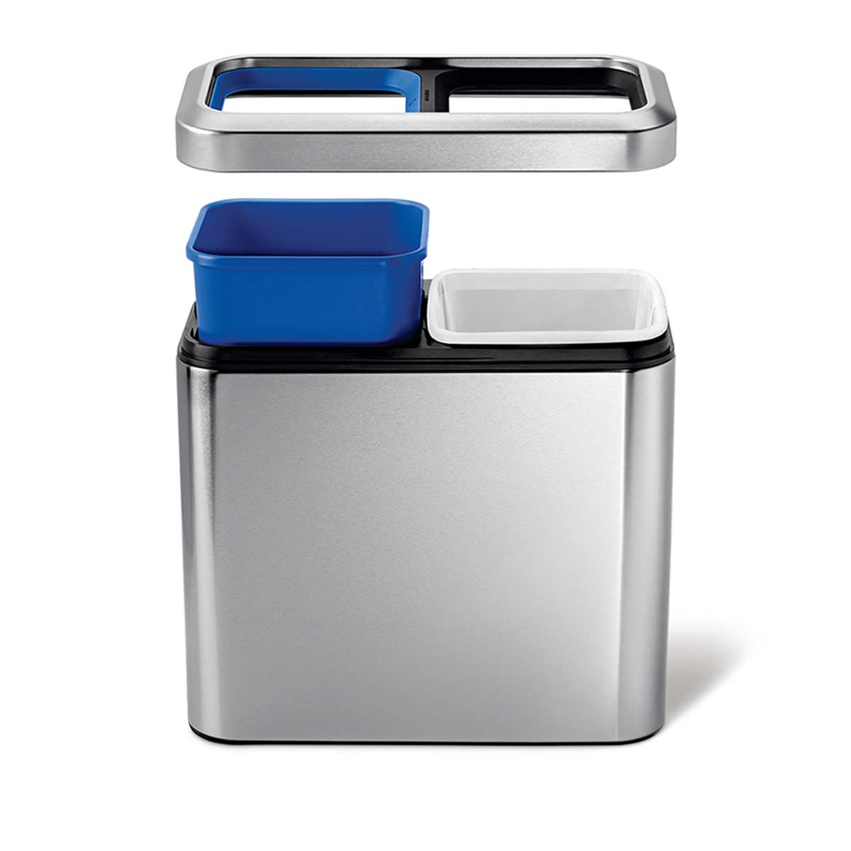 Detail view of Simplehuman 20L Brushed Stainless Steel Slim Open Can with removable trash and recycling liners.