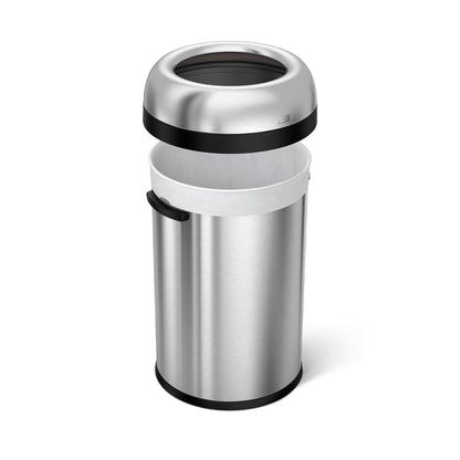Angled view of Simplehuman 115L Bullet Open Can, Brushed Stainless Steel, showing removable rim and bag tuck.