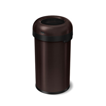 Angled view of Simplehuman 60L Bullet Open Can, Brushed Dark Bronze, quick disposal design.